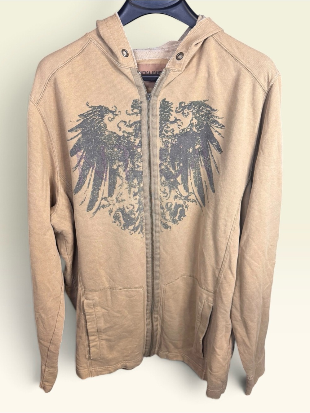 Nautica Men's Tan Zip Hoodie with Distressed Wing Graphic